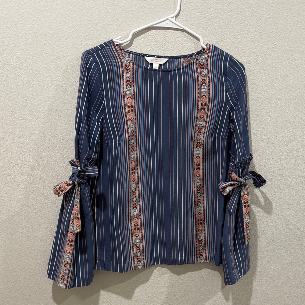 LC Lauren Conrad Navy and Coral Striped Blouse